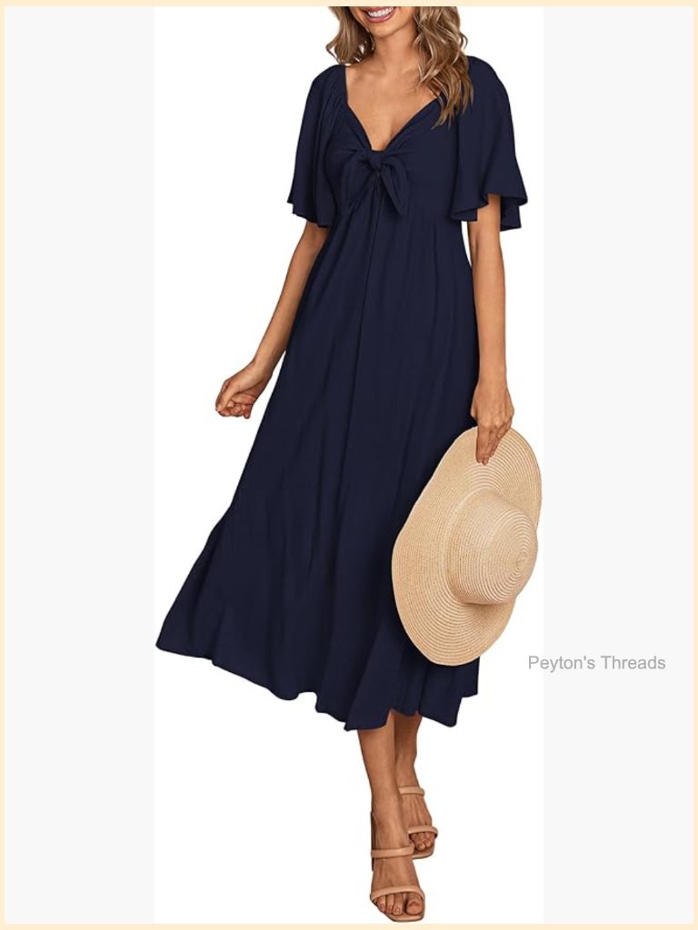 V Neck Bow Tie Ruffle Midi Dress Short Sleeve Flowy A Line Casual Summer